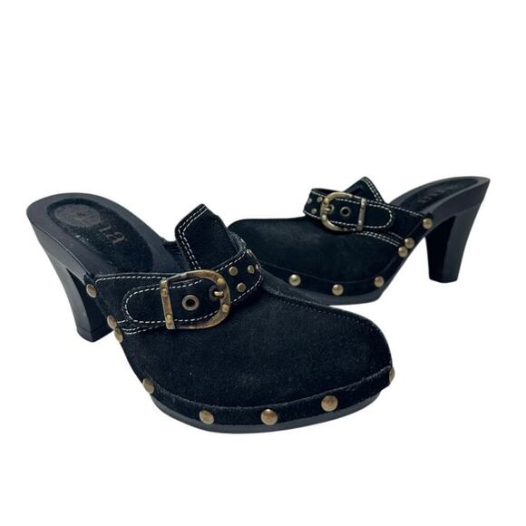 Size 5.5 Black Suede Studded Slip On Heel Clogs Mules 70s Closed Toe Office Work - Picture 2 of 10